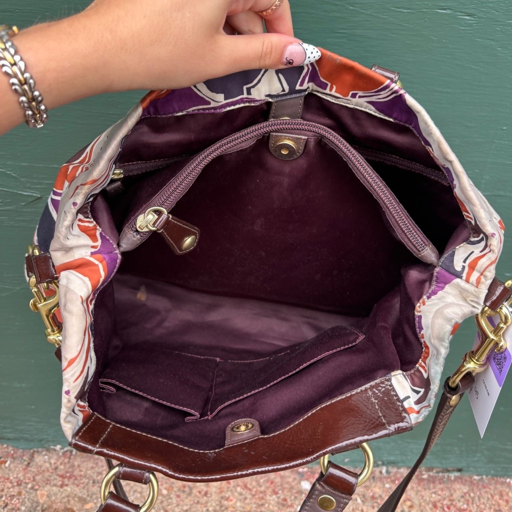 Coach Poppy Signature Sateen Applique Satchel Purple Orange Brown F20118 Womens - Picture 8 of 8